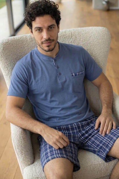 Steel Blue Şortlu Pat Detaylı Elegant Erkek Pijama Takımı - 4