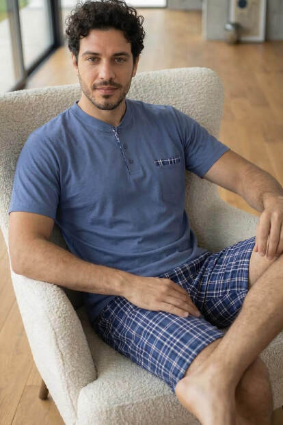 Steel Blue Şortlu Pat Detaylı Elegant Erkek Pijama Takımı - 5