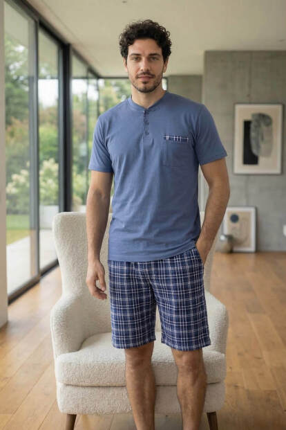 Steel Blue Şortlu Pat Detaylı Elegant Erkek Pijama Takımı - 7