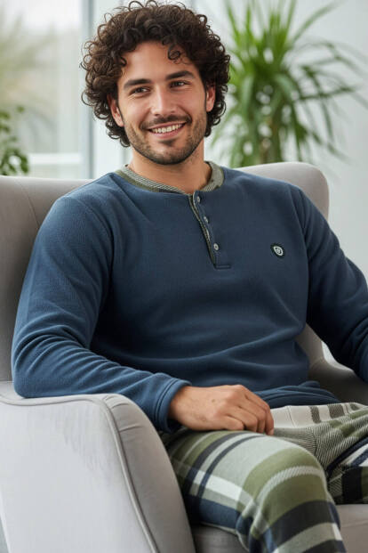 Steel Mavi Ekose Desenli Polar Erkek Pijama Takımı 