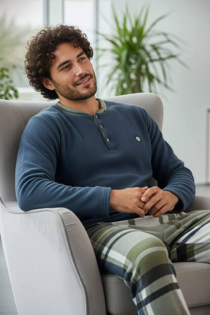Steel Mavi Ekose Desenli Polar Erkek Pijama Takımı - 2