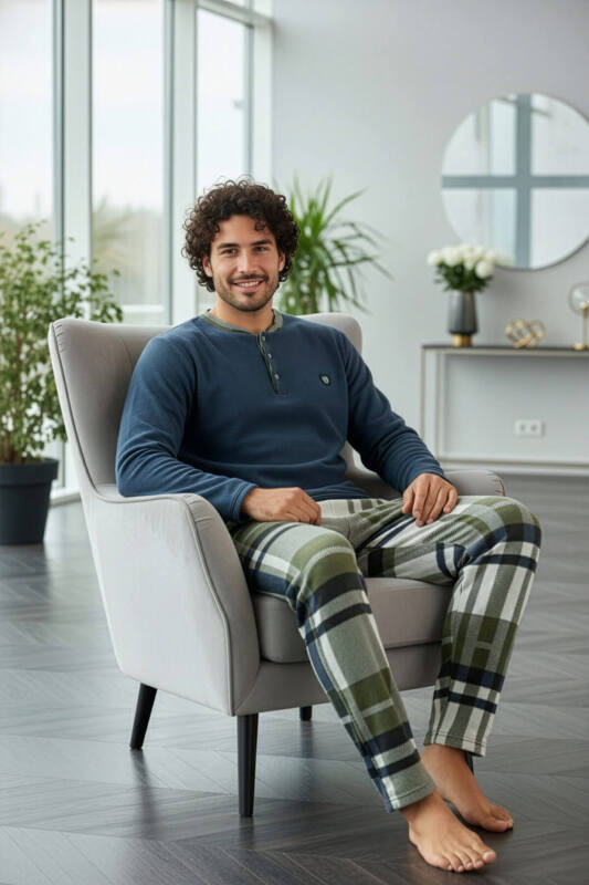 Steel Mavi Ekose Desenli Polar Erkek Pijama Takımı - Pijamaevi (2)