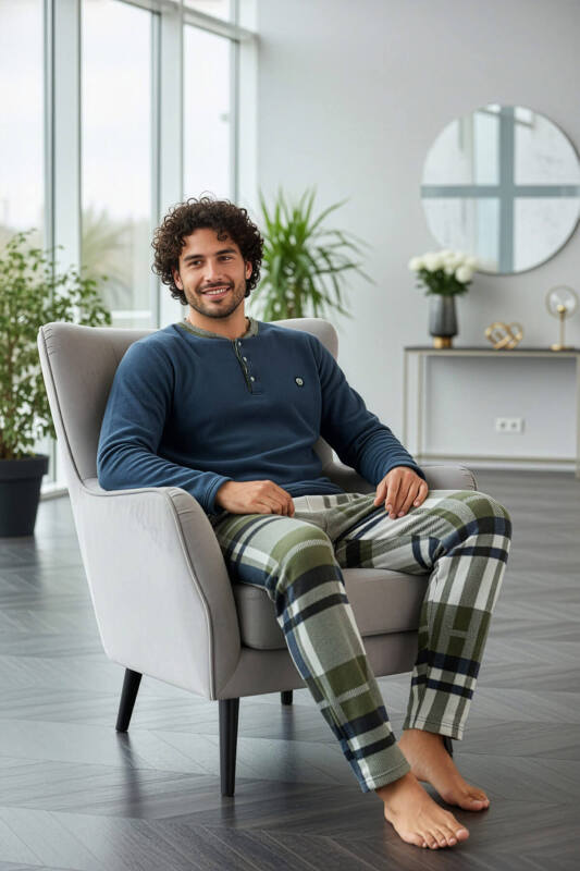 Steel Mavi Ekose Desenli Polar Erkek Pijama Takımı - Pijamaevi (3)