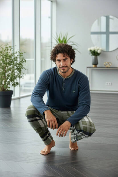 Steel Mavi Ekose Desenli Polar Erkek Pijama Takımı - 5