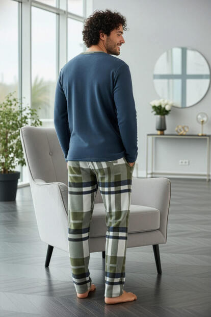 Steel Mavi Ekose Desenli Polar Erkek Pijama Takımı - 7