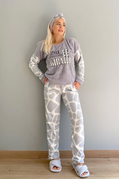 Style Desenli Kadın Peluş Polar Pijama Takımı - 4