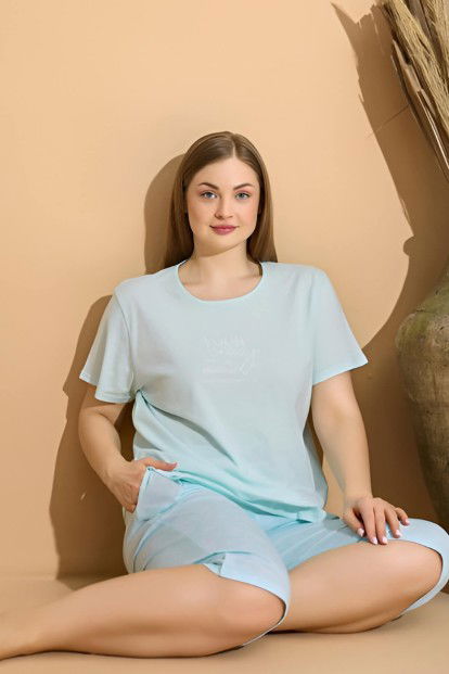Su Yeşili Crazy Baskılı Kapri Büyük Beden Battal Pijama Takımı - 1