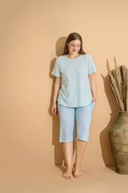 Su Yeşili Crazy Baskılı Kapri Büyük Beden Battal Pijama Takımı - 2