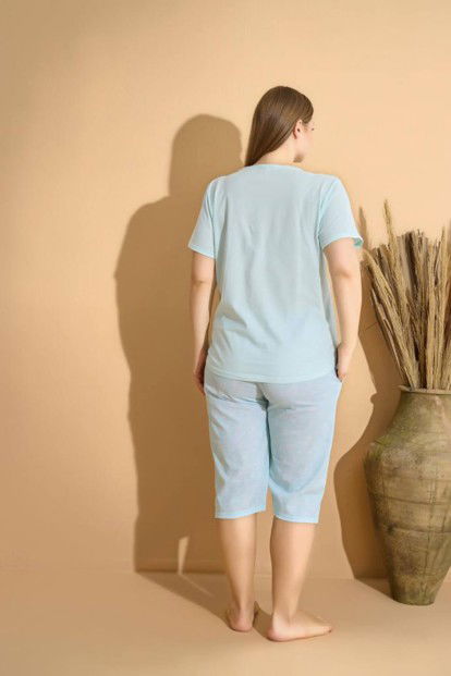Su Yeşili Crazy Baskılı Kapri Büyük Beden Battal Pijama Takımı - 3
