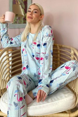 Su Yeşili Fenicottero Baskılı Uzun Kol Kadın Pijama Takımı - 1