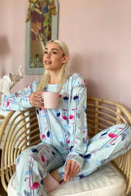 Su Yeşili Fenicottero Baskılı Uzun Kol Kadın Pijama Takımı - 2