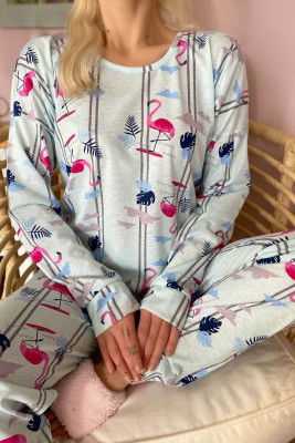 Su Yeşili Fenicottero Baskılı Uzun Kol Kadın Pijama Takımı - 5