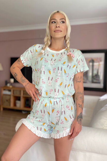 Su Yeşili Fırfır Detaylı Baskılı Şortlu Kadın Pijama Takımı - 3