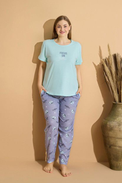 Su Yeşili Focus Baskılı Büyük Beden Battal Pijama Takımı - 2