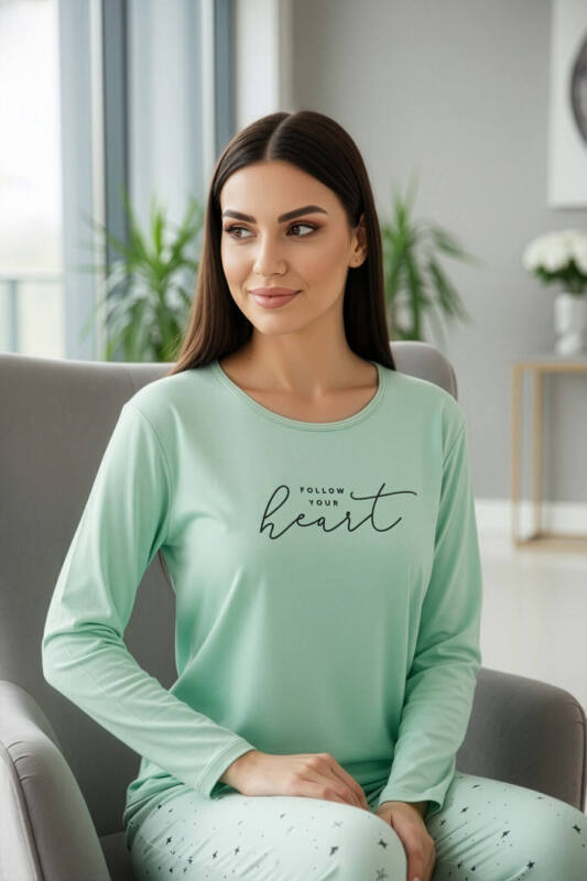 Su Yeşili Heart Desenli Uzun Kollu Bambu Örme Kadın Pijama Takımı - Pijamaevi (1)