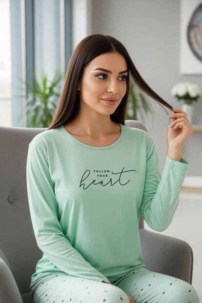 Su Yeşili Heart Desenli Uzun Kollu Bambu Örme Kadın Pijama Takımı - 3