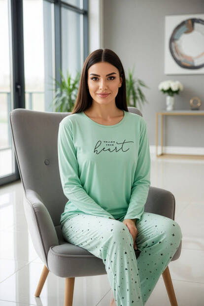 Su Yeşili Heart Desenli Uzun Kollu Bambu Örme Kadın Pijama Takımı - 4