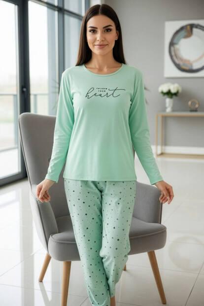 Su Yeşili Heart Desenli Uzun Kollu Bambu Örme Kadın Pijama Takımı - 5