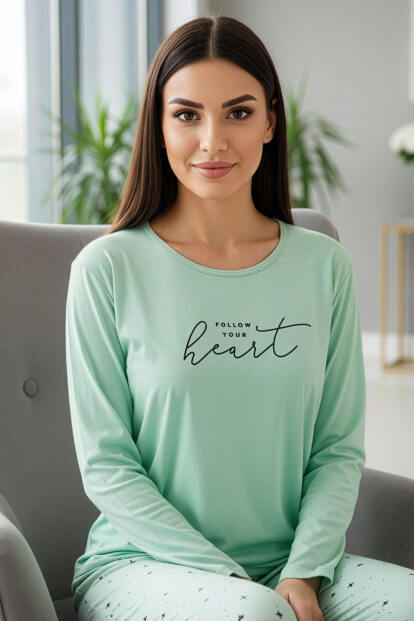 Su Yeşili Heart Desenli Uzun Kollu Bambu Örme Kadın Pijama Takımı - 7