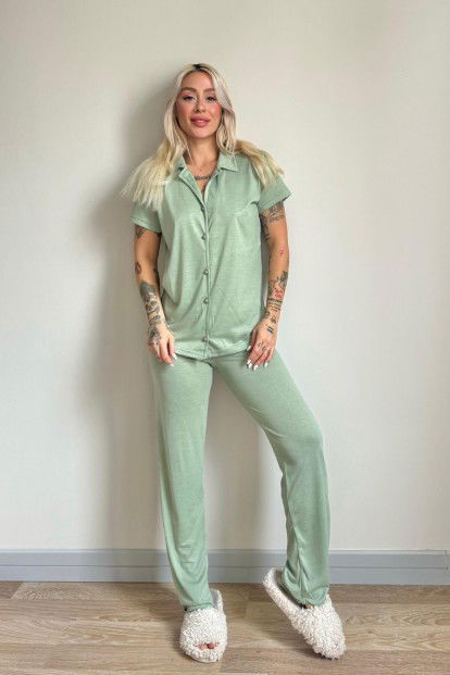 Su Yeşili Önden Düğmeli Kısa Kol Örme Kadın Pijama - 6