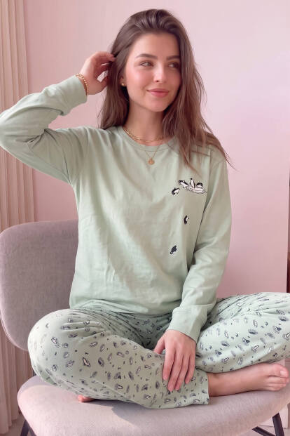 Su Yeşili Penguin Desenli Cotton Refined Kadın Pijama Takımı 