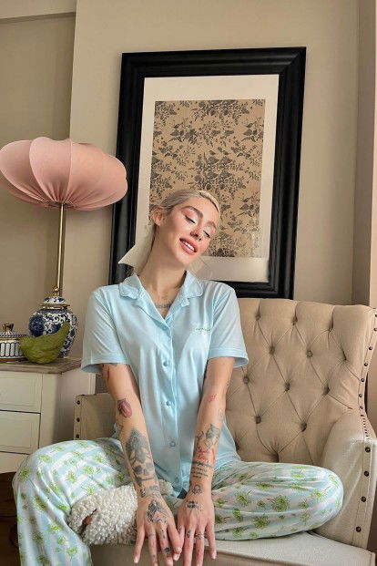 Su Yeşili Wonderful Baskılı Örme Önden Düğmeli Kısa Kol Kadın Pijama - 3