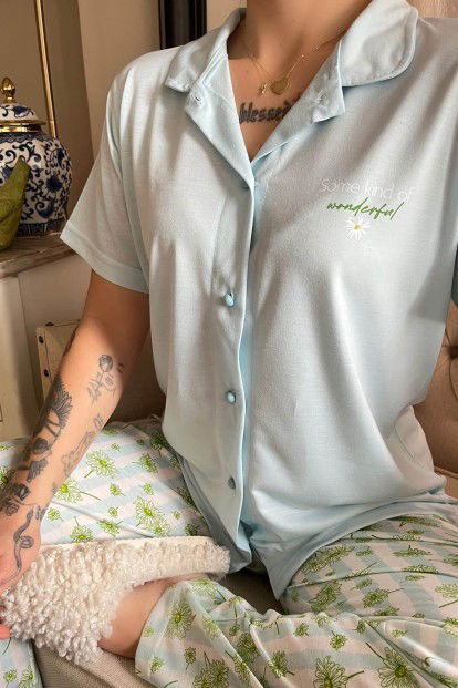 Su Yeşili Wonderful Baskılı Örme Önden Düğmeli Kısa Kol Kadın Pijama - 4