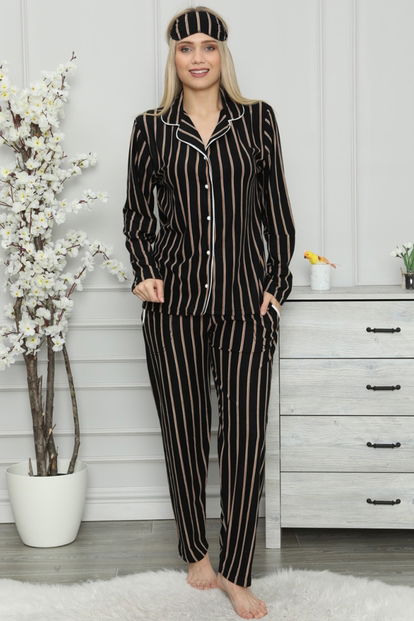 Süet Siyah Çizgili Önden Düğmeli Uzun Kollu Pijama Takımı - 2