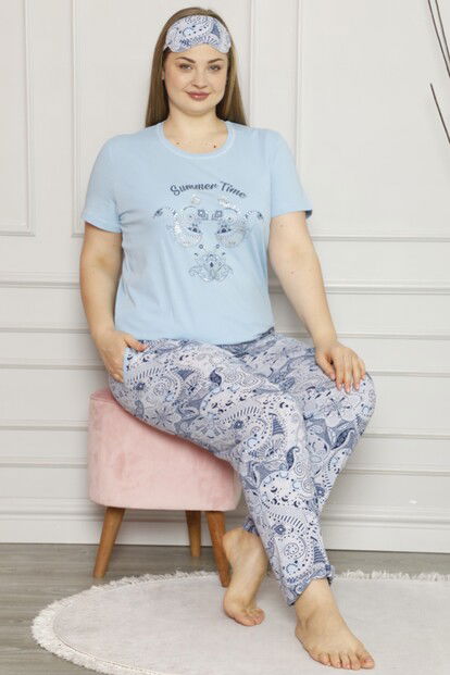 Summer Time Baskılı Kısa Kol Büyük Beden Battal Pijama Takımı - 1
