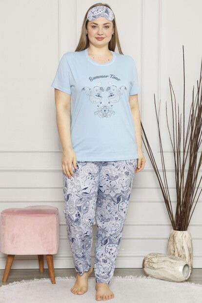 Summer Time Baskılı Kısa Kol Büyük Beden Battal Pijama Takımı - 2