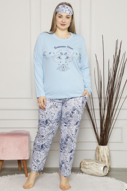 Summer Time Baskılı Uzun Kol Büyük Beden Battal Pijama - 2