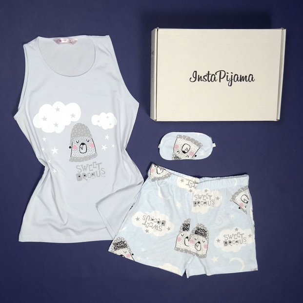 Sweet Dream Desenli Şortlu Askılı Sıfır Kol Bayan Pijama Takımı - 2
