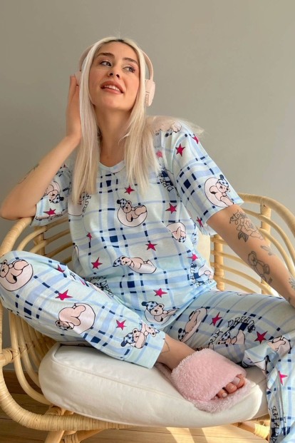 Tampado Baskılı Kısa Kollu Kadın Pijama Takımı - 1