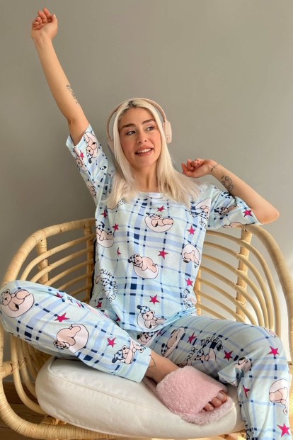 Tampado Baskılı Kısa Kollu Kadın Pijama Takımı - 3