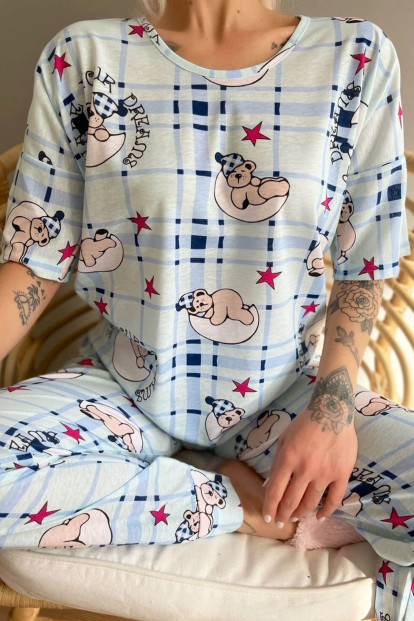 Tampado Baskılı Kısa Kollu Kadın Pijama Takımı - 4