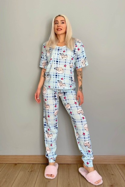 Tampado Baskılı Kısa Kollu Kadın Pijama Takımı - 5