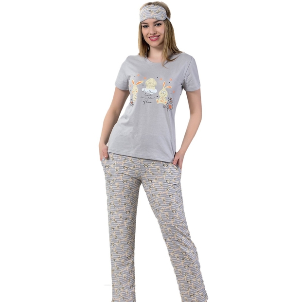 Tavşan Desenli Kısa Kollu Pijama Kadın Takımı - 1