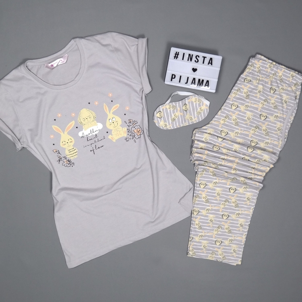 Tavşan Desenli Kısa Kollu Pijama Kadın Takımı - 2