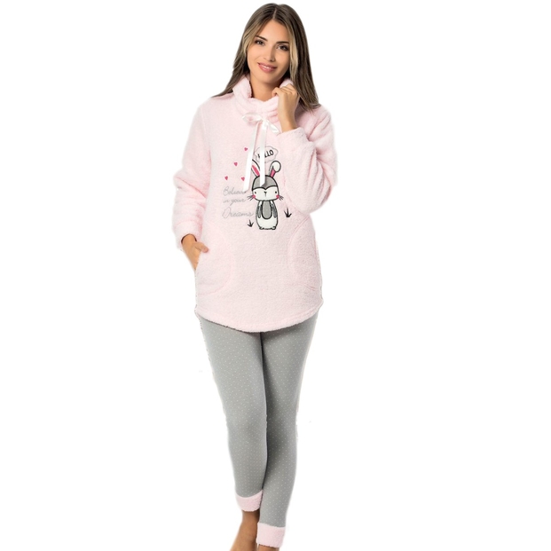 Tavşan Desenli Tam Peluş Pijama Takımı - 1