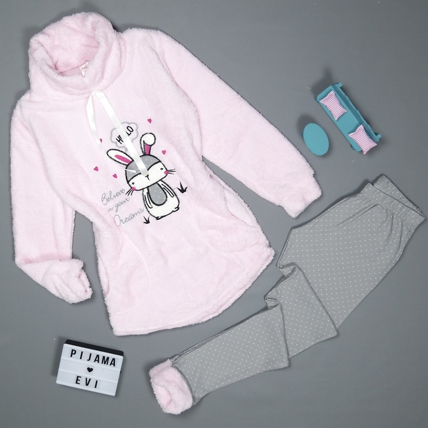 Tavşan Desenli Tam Peluş Pijama Takımı - 2