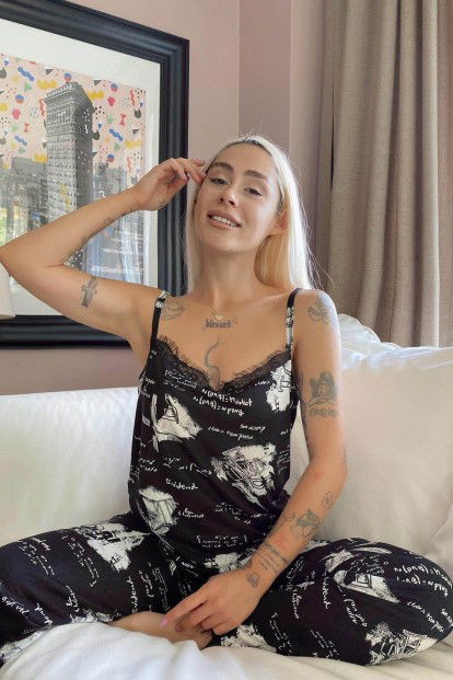 Text Dantelli İp Askılı Örme Kadın Pijama Takımı - 2