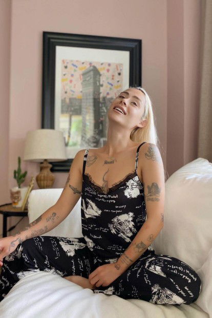 Text Dantelli İp Askılı Örme Kadın Pijama Takımı - 3