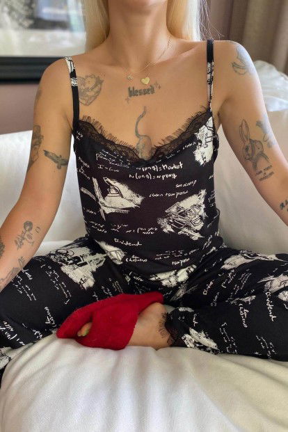 Text Dantelli İp Askılı Örme Kadın Pijama Takımı - 4