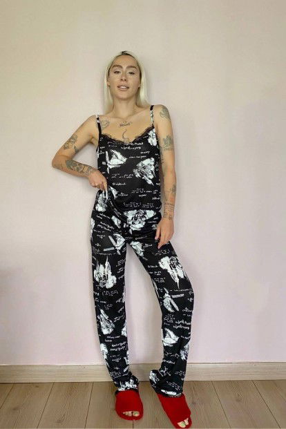 Text Dantelli İp Askılı Örme Kadın Pijama Takımı - 5