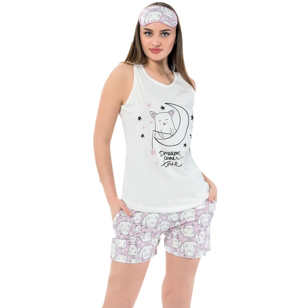 Tilki Desenli Şortlu Askılı Sıfır Kol Bayan Pijama Takımı - 1