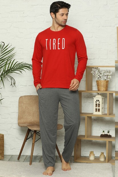 Tired Baskılı Uzun Kollu Erkek Pijama Takımı - 1