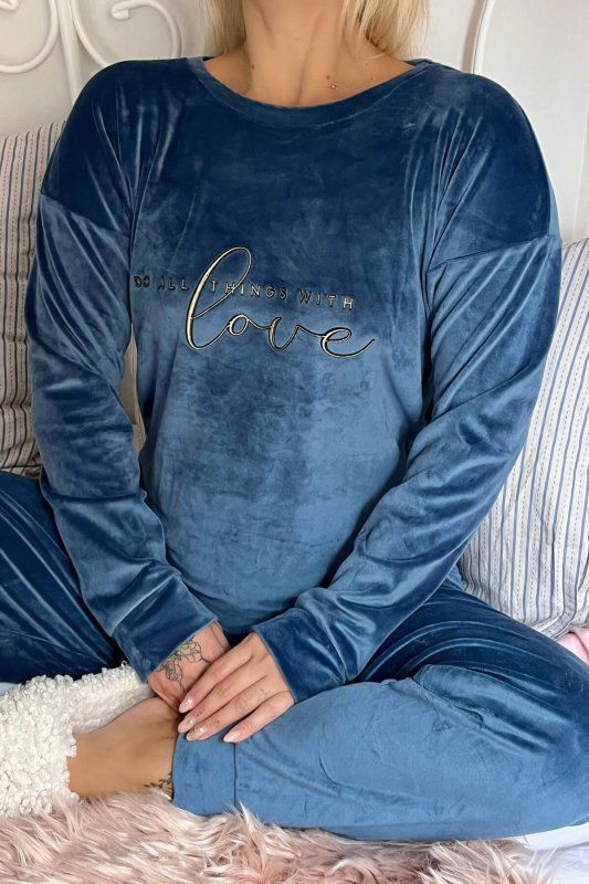 Toz Mavi Love Desenli Exclusive Kadife Kadın Pijama Takımı  - Pijamaevi (3)