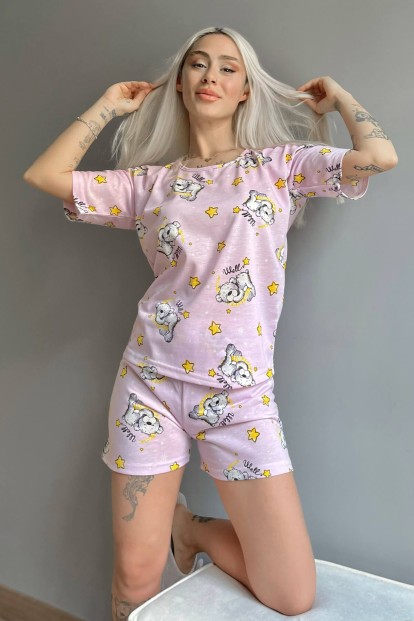 Toz Pembe Bear Stars Baskılı Şortlu Kadın Pijama Takımı - 1