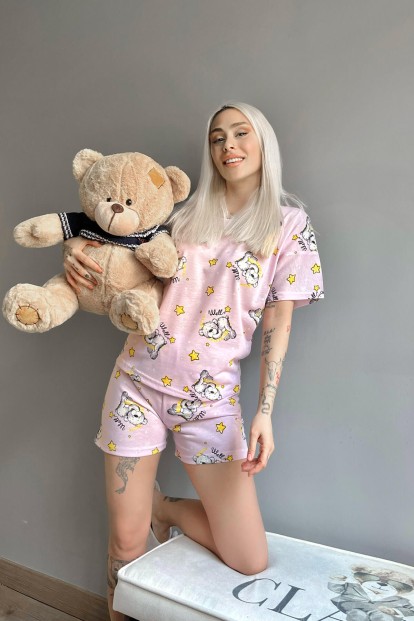 Toz Pembe Bear Stars Baskılı Şortlu Kadın Pijama Takımı - 2
