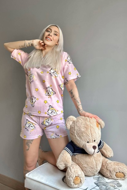 Toz Pembe Bear Stars Baskılı Şortlu Kadın Pijama Takımı - 3